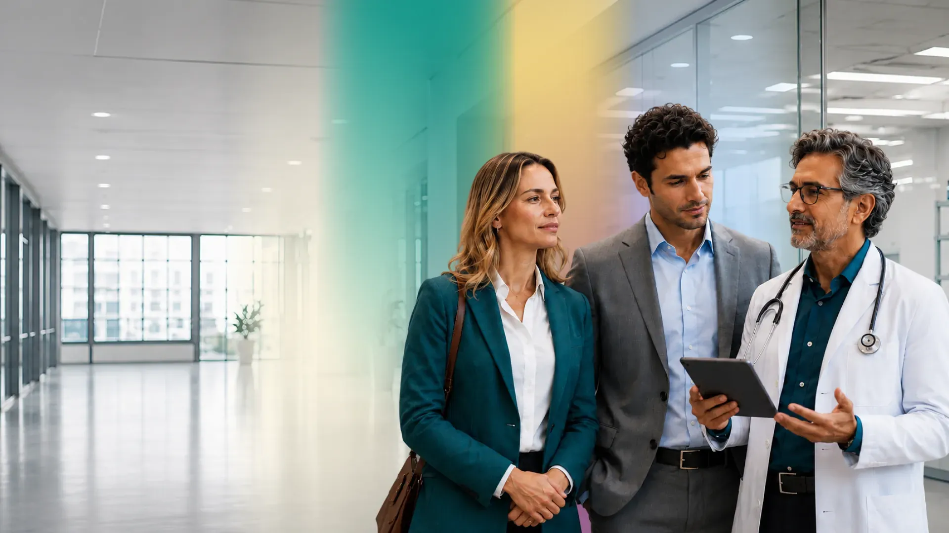 A business leader, a colleague and a physician review a tablet together in a bright hospital corridor