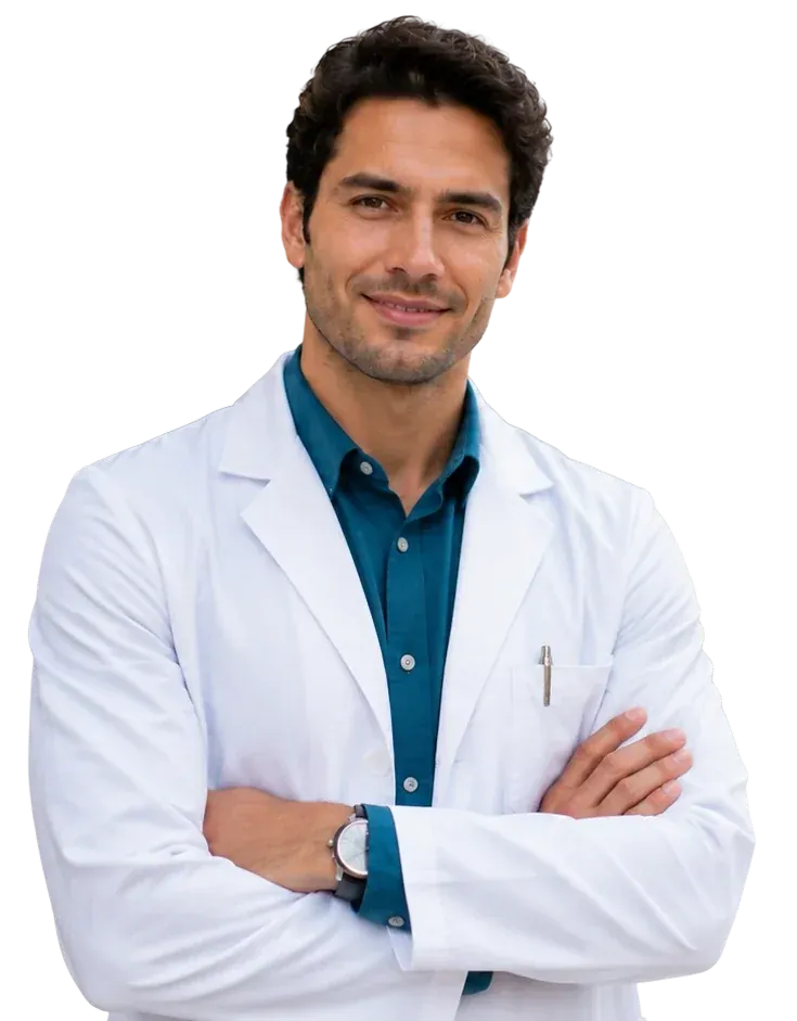 A physician in a white coat stands with arms crossed