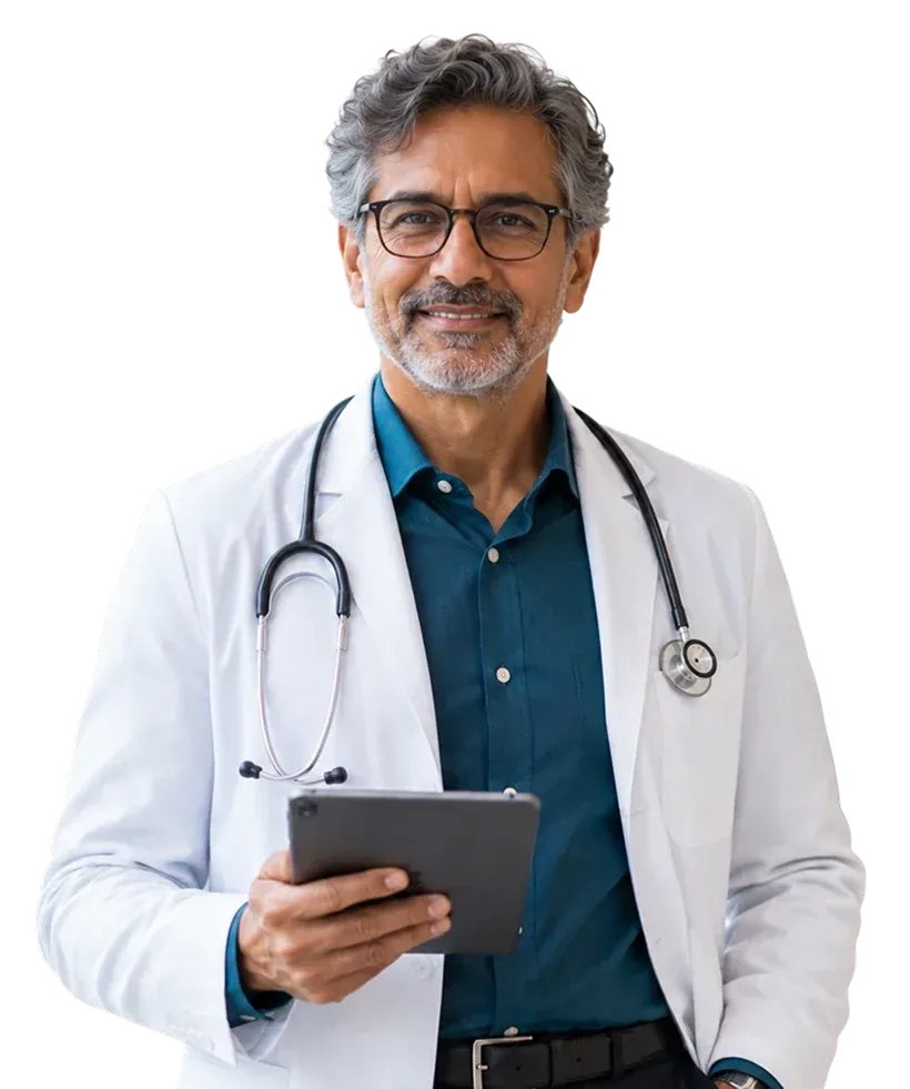 A senior physician with a stethoscope holds a tablet