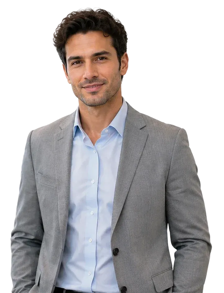 A business leader in a grey suit smiles at the camera