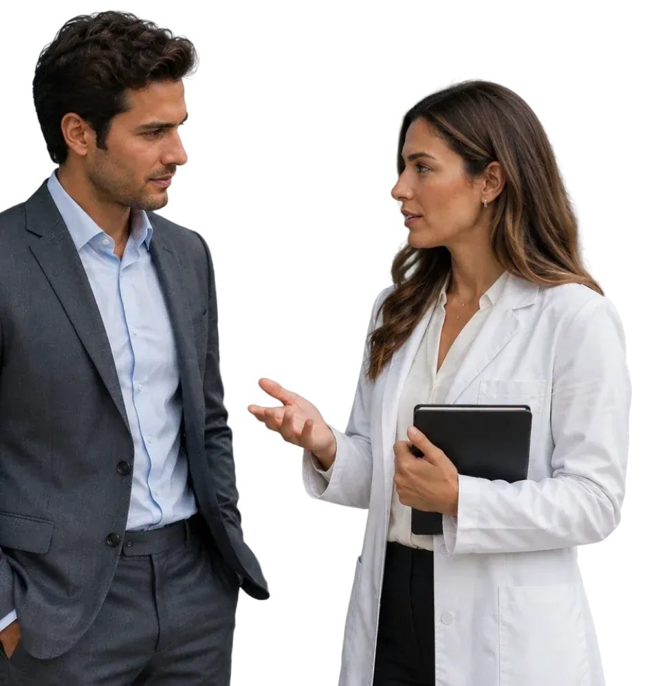 A business leader and a physician holding a notebook talk through an idea