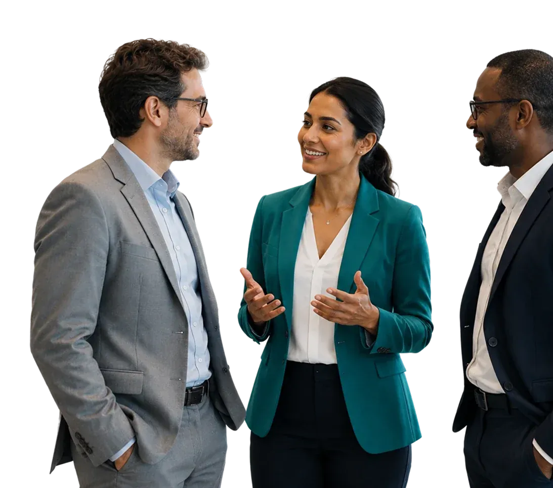 Three colleagues talk and laugh together