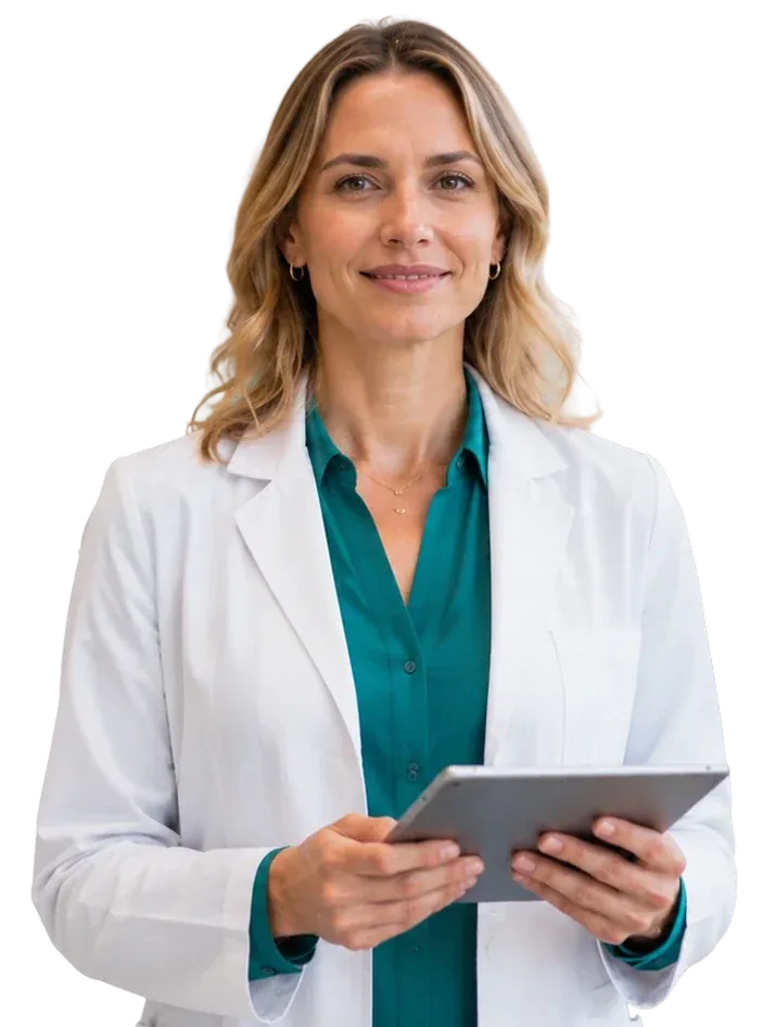 A physician in a white coat holds a tablet