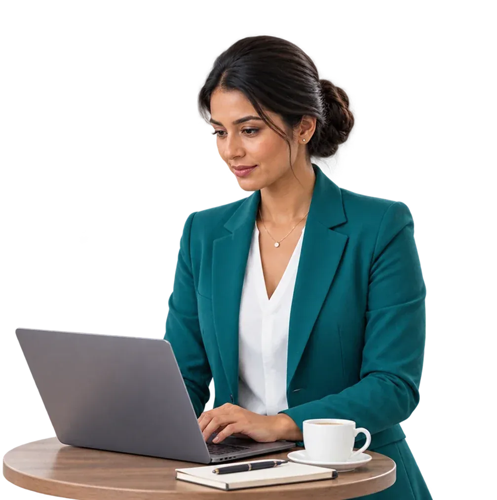 A business leader in a teal blazer works on a laptop at a café table