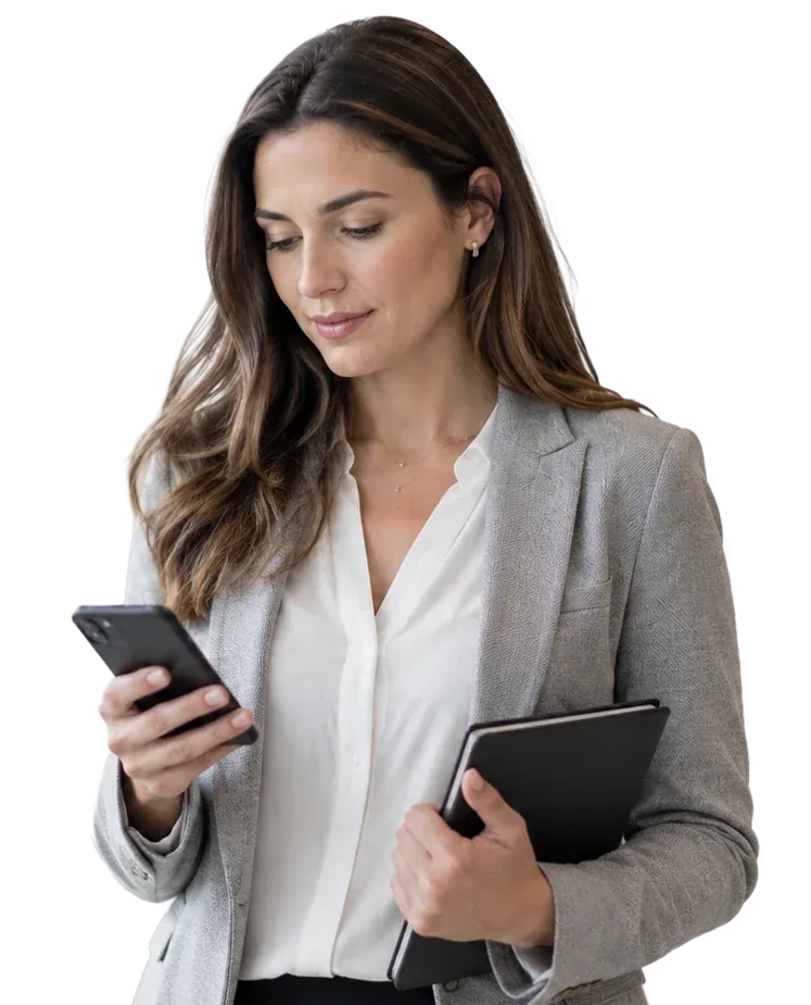 A business leader checks her phone while holding a notebook