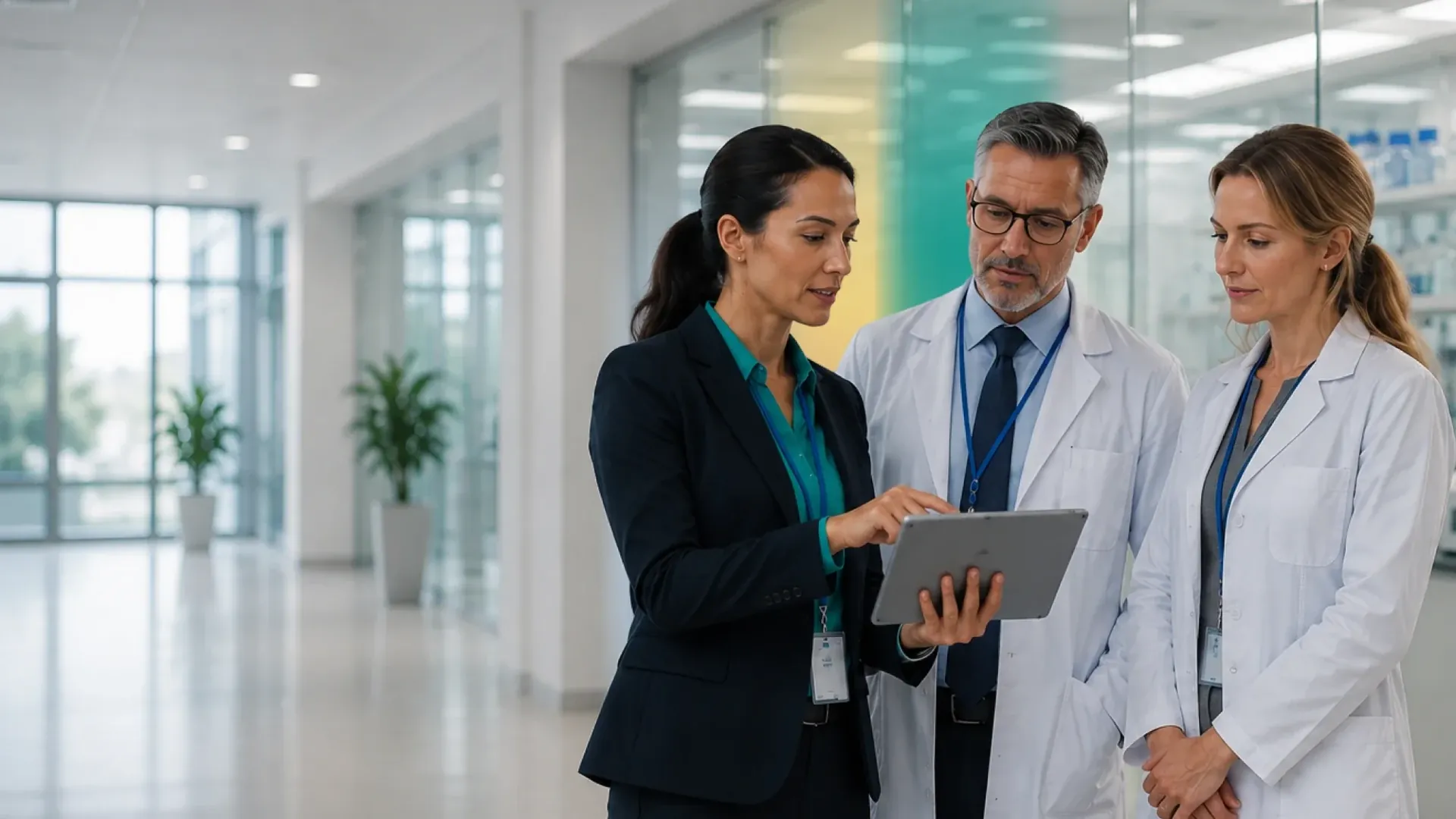 A life sciences manager reviews a tablet with two clinicians in a bright hospital corridor