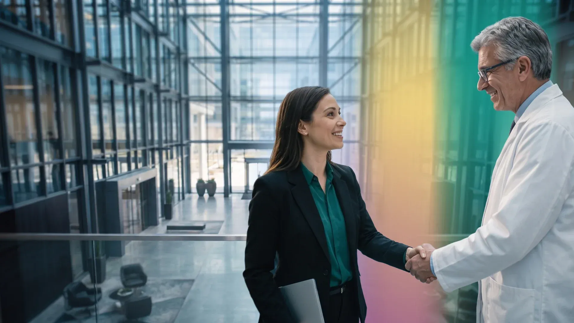 A life sciences executive shakes hands with a smiling physician in a glass atrium