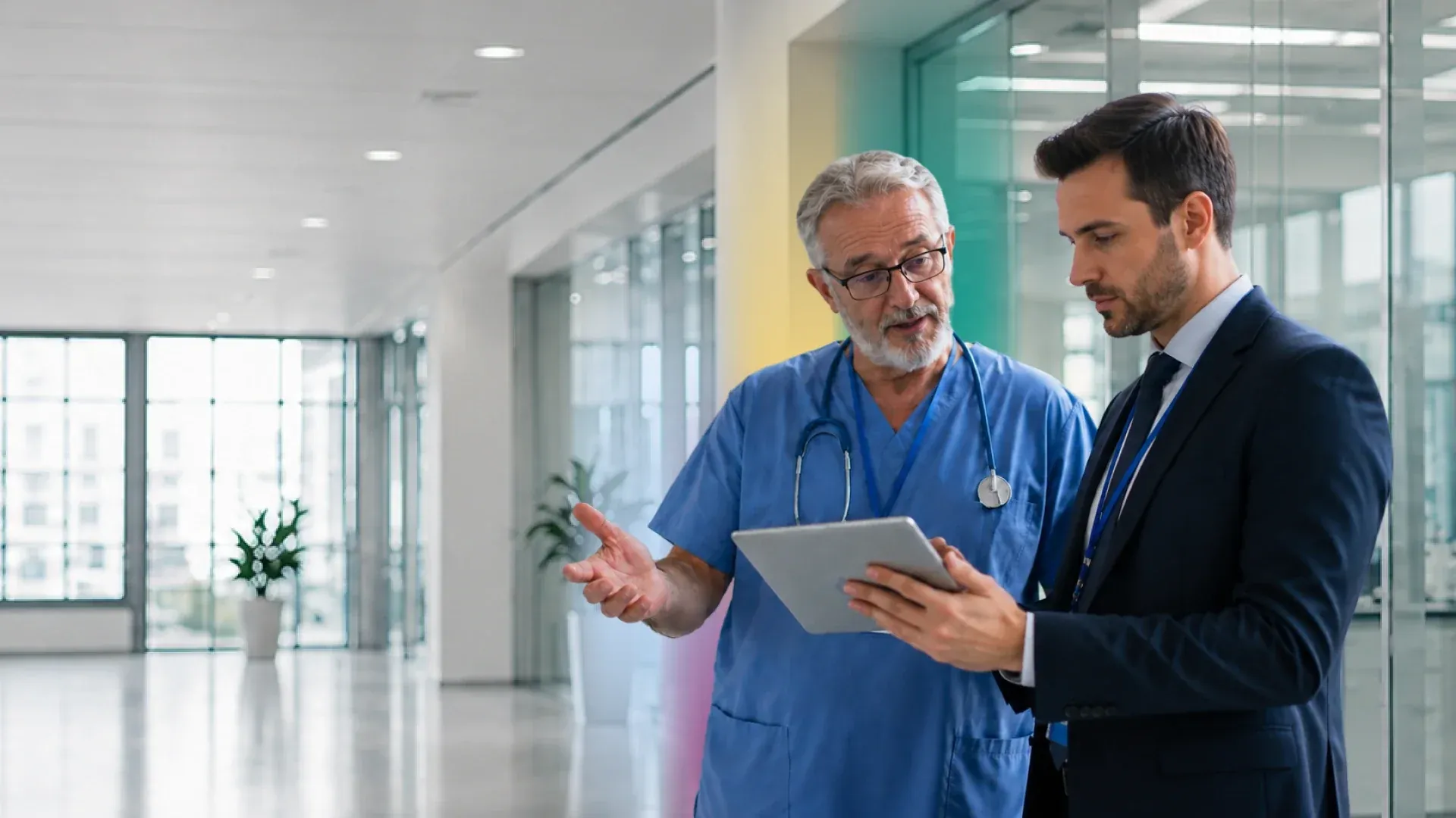 A physician in scrubs walks a colleague in a suit through data on a tablet