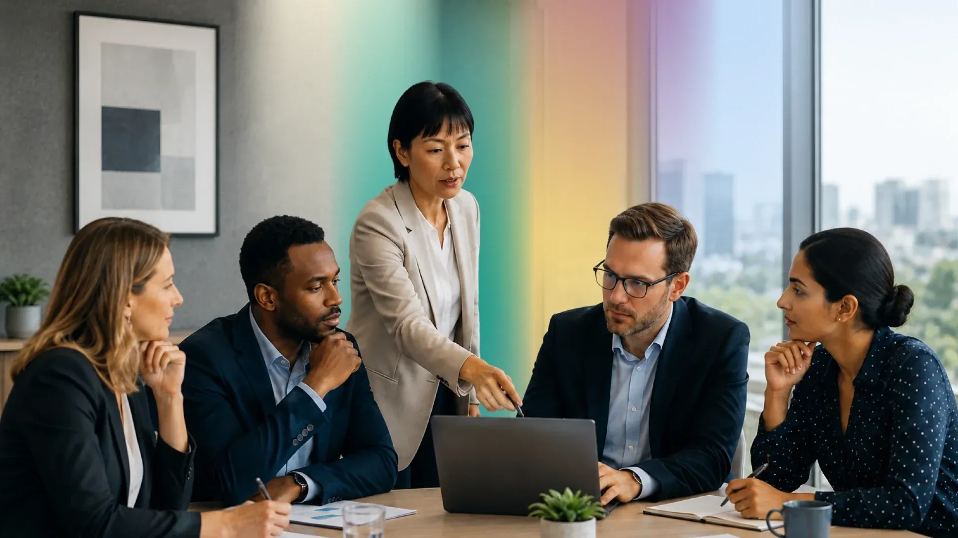 A life sciences leader walks four colleagues through findings on a laptop in a bright meeting room