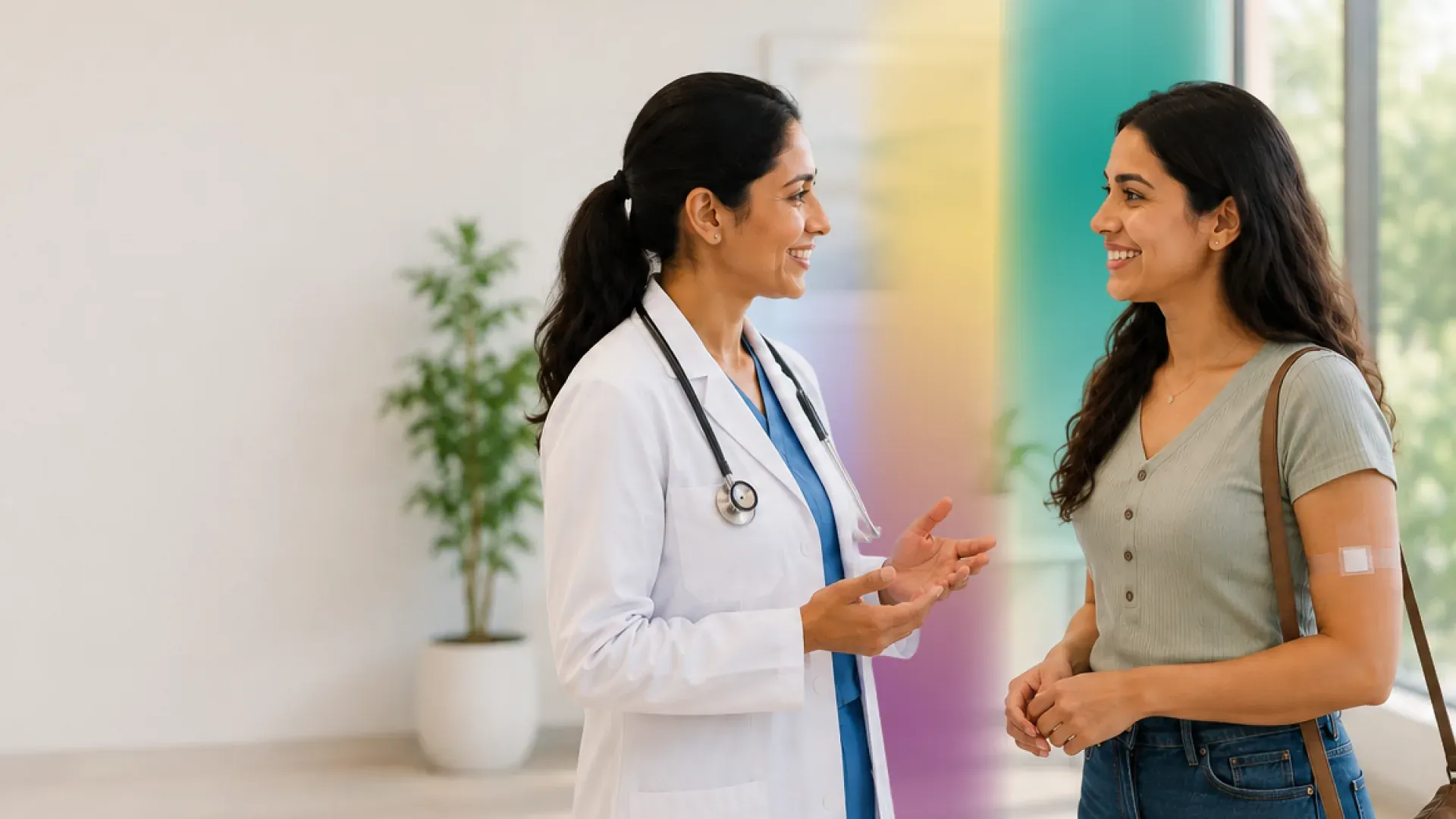 A physician talks with a smiling patient in a bright clinic