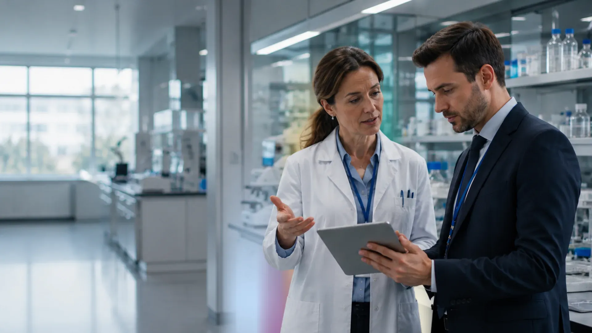 A scientist in a lab coat walks a business leader through results on a tablet in a lab