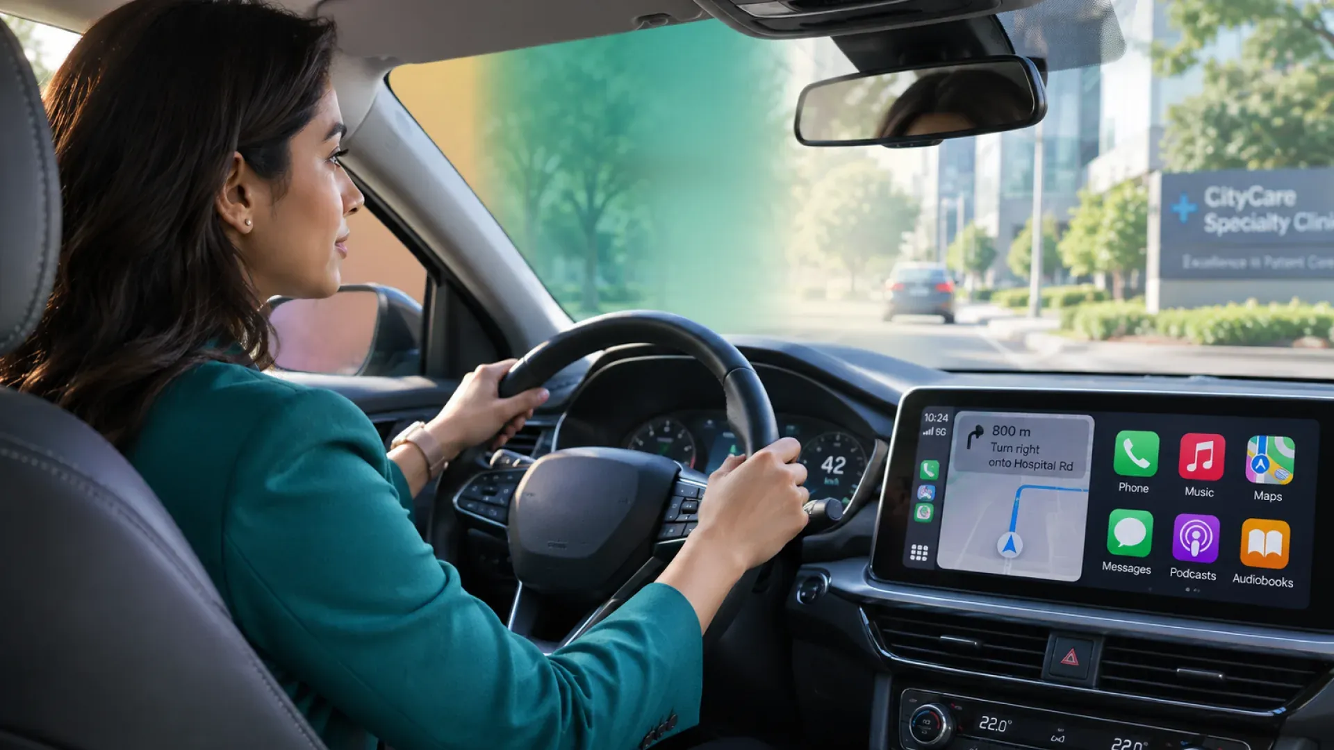 A field representative drives to a specialty clinic with navigation on the dashboard screen