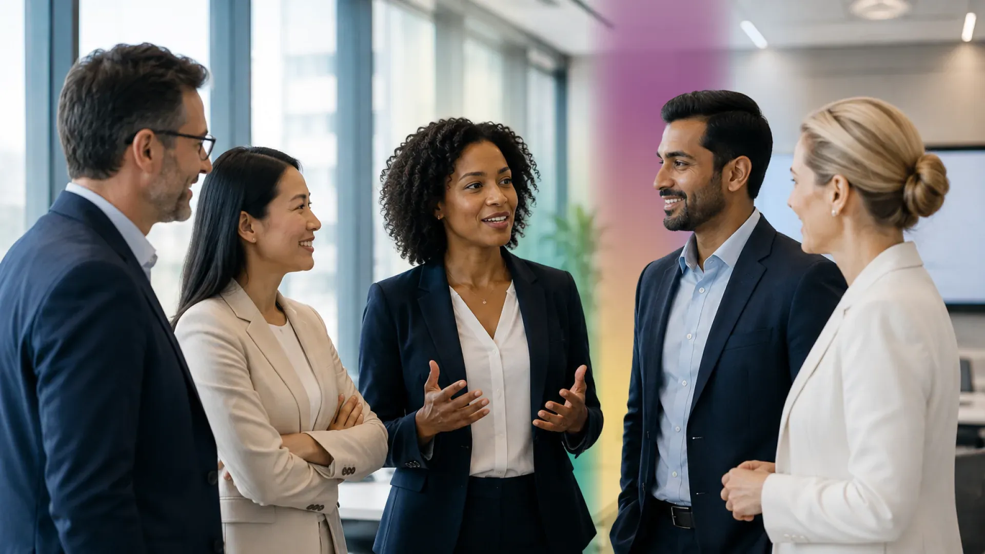 Five colleagues talk together in a bright open-plan office