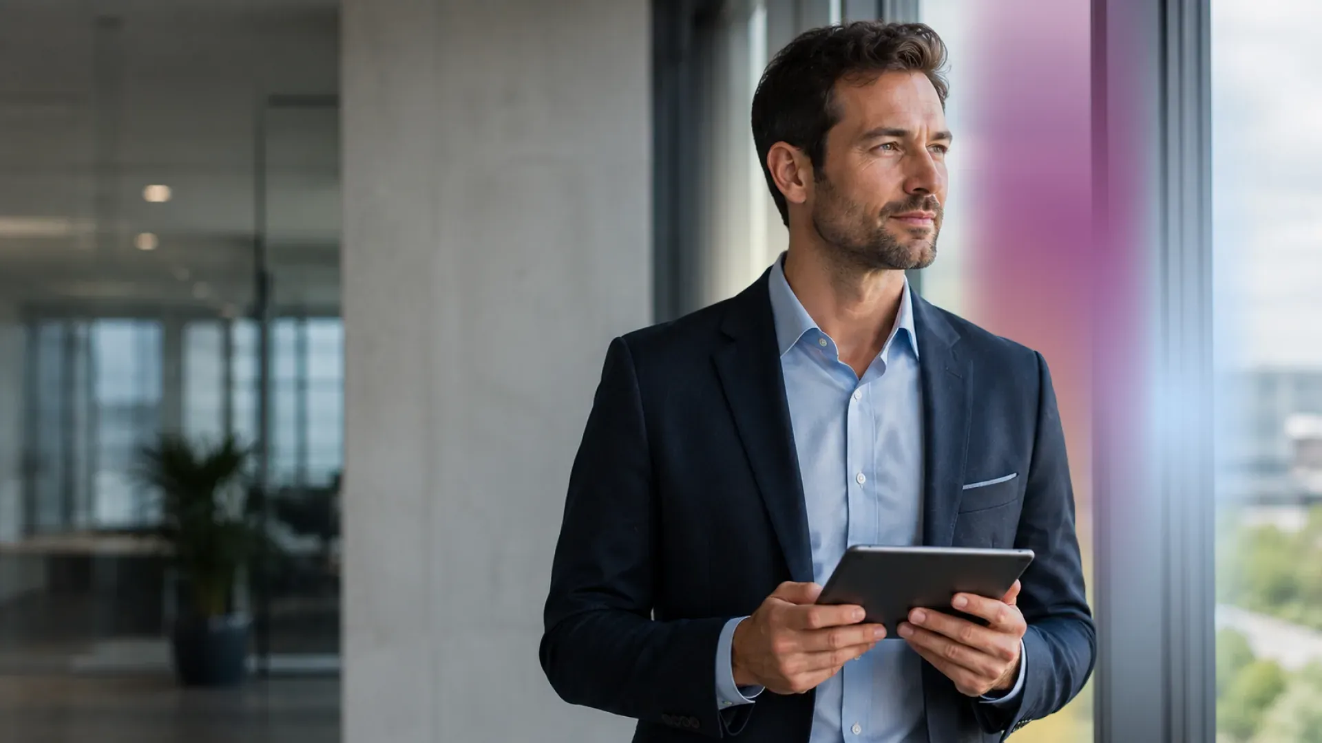 A business leader holding a tablet looks out of an office window