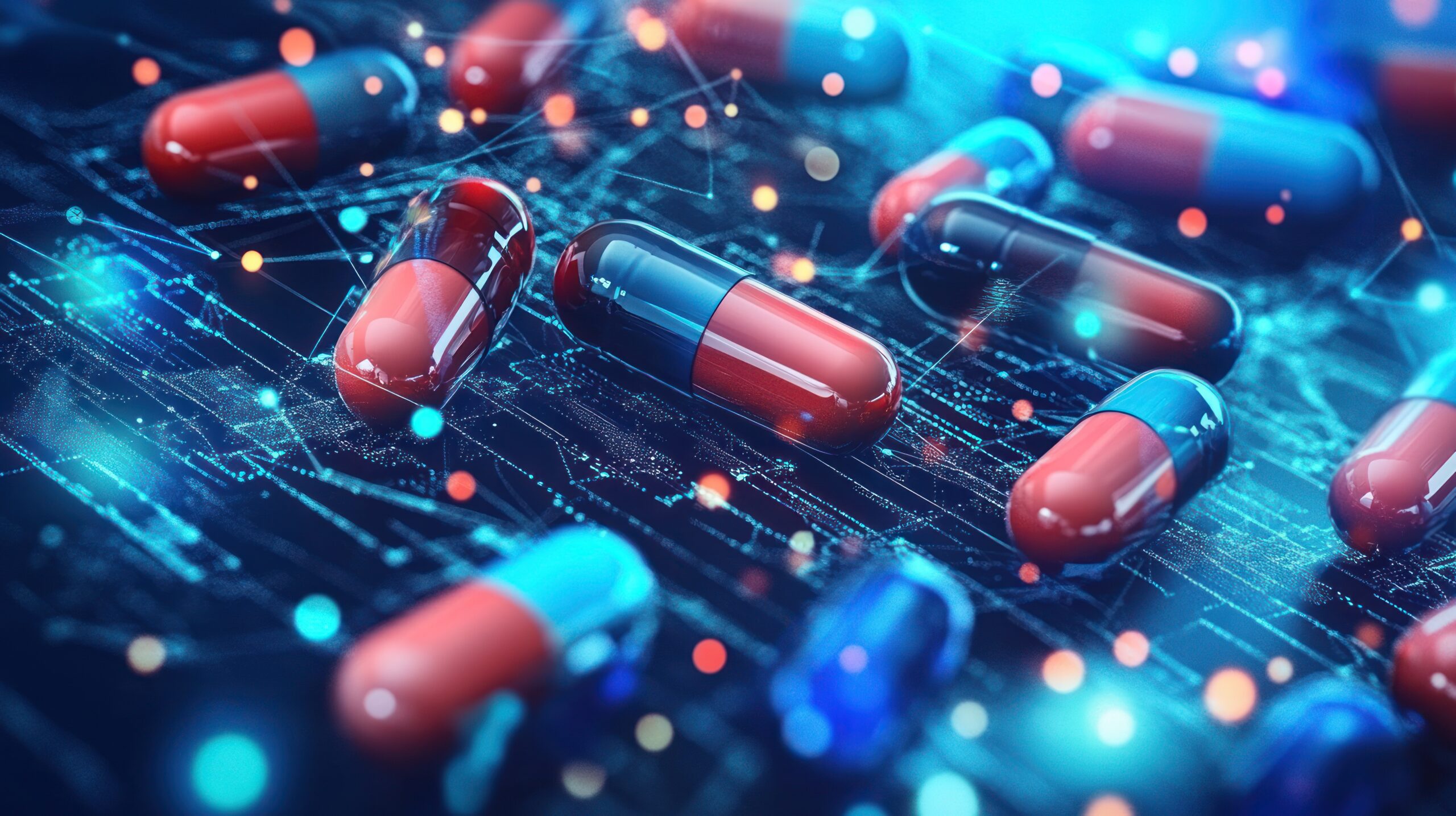Abstract background with pills and capsules on digital connections, a technology science research concept. Wide angle lens, realistic daylight lighting.